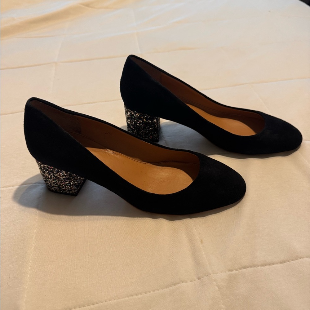J. Crew Black Suede Heels with Glitter Block Heel